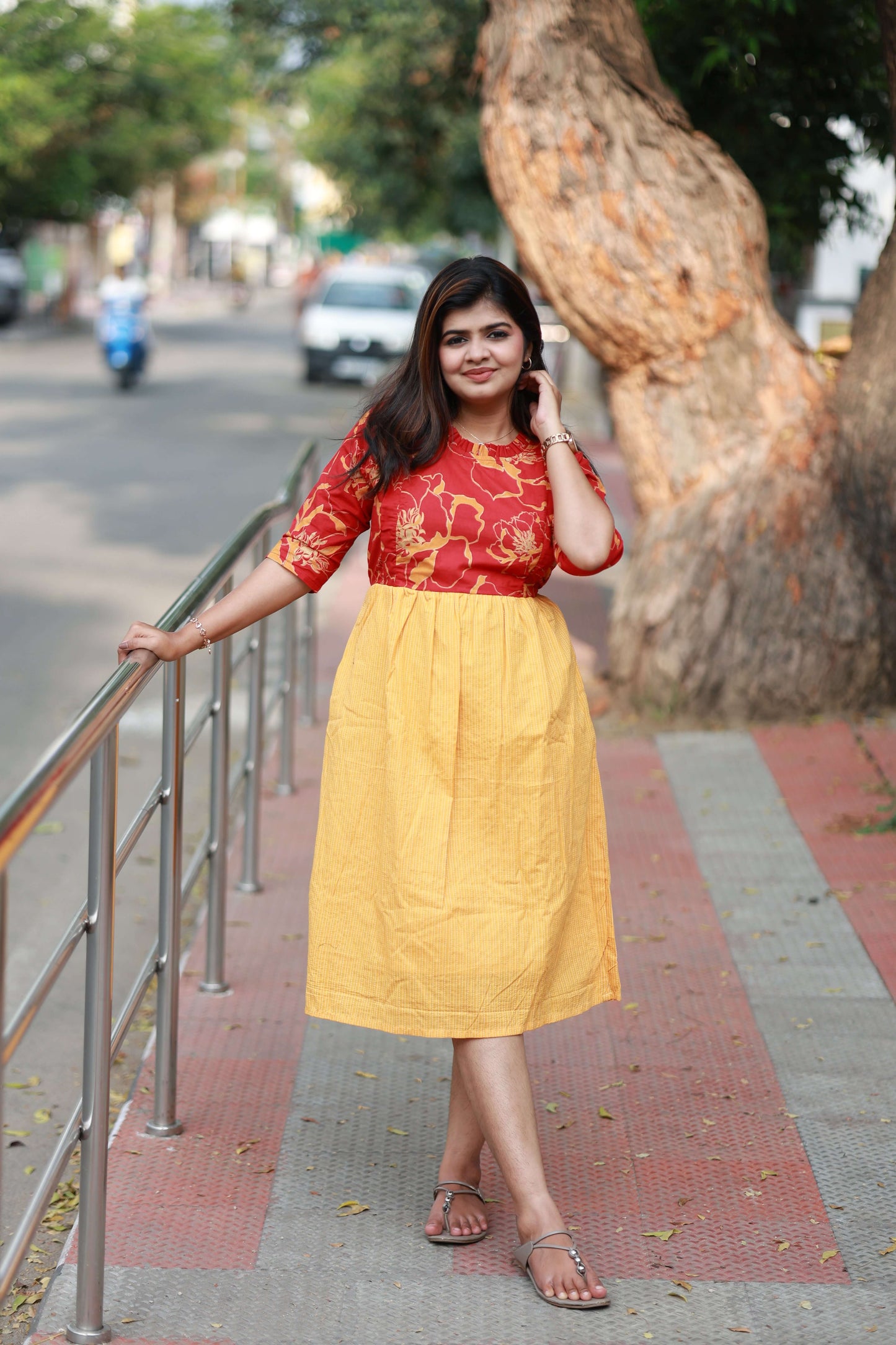 Maternity/Feeding Midi/Gown - Red and yellow, Soft, breathable, and comfortable fabric