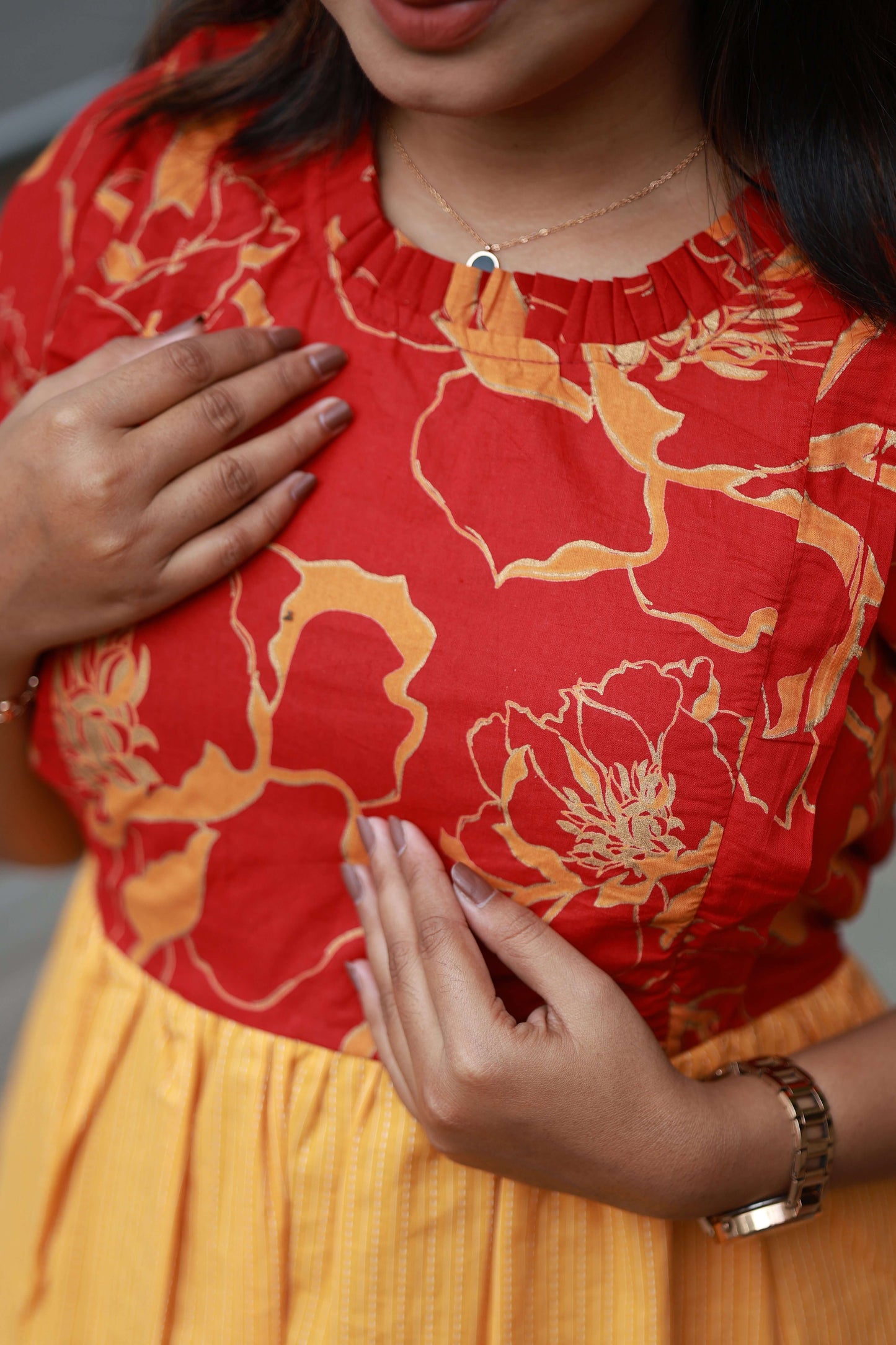 Maternity/Feeding Midi/Gown - Red and yellow, Double zip breastfeeding dress, Winter breastfeeding dress