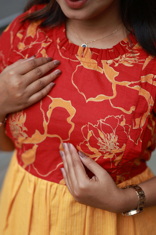 Maternity/Feeding Midi/Gown - Red and yellow, Double zip breastfeeding dress, Winter breastfeeding dress