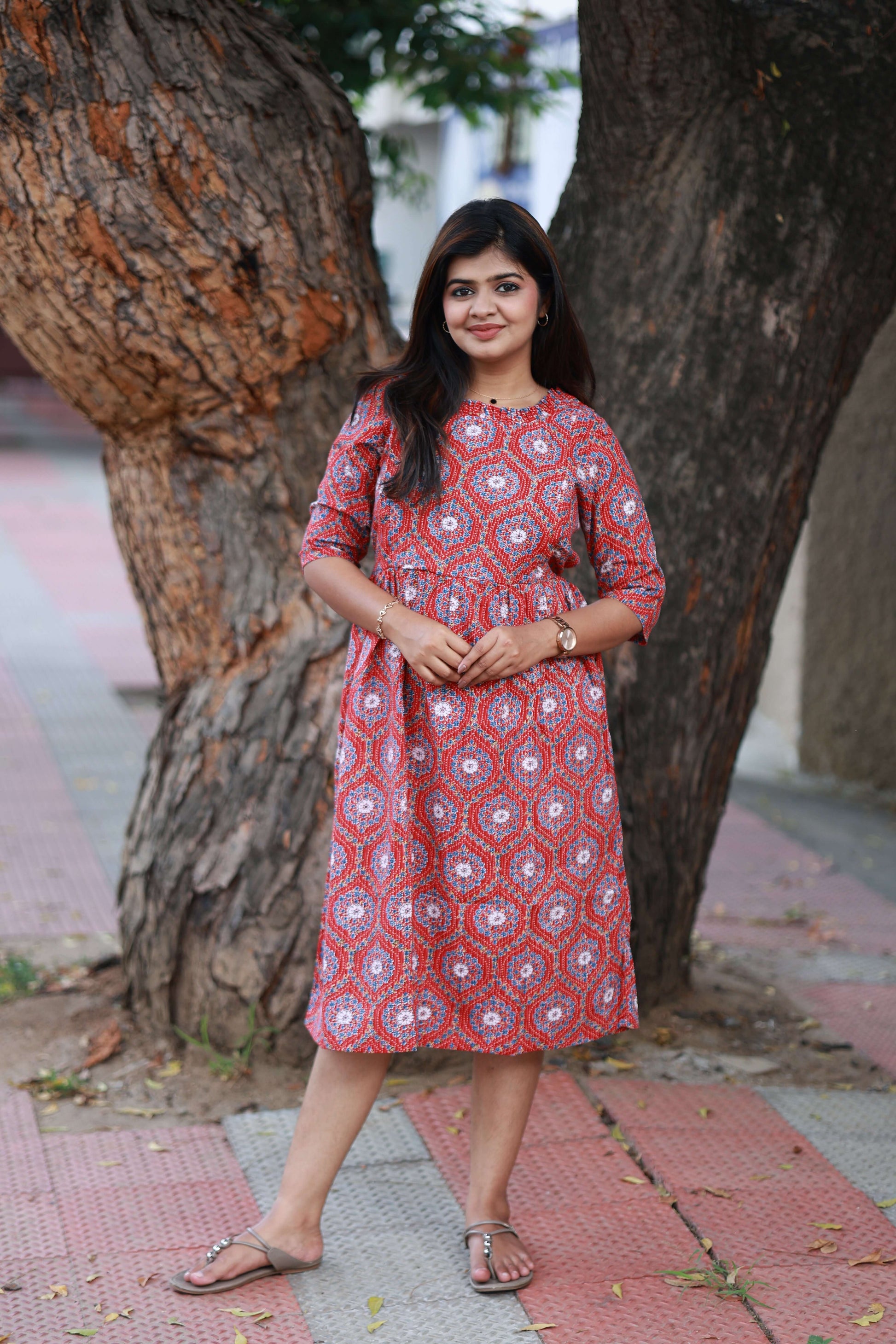 Maternity/Feeding Midi/Gown - Red color with white floral design,, Soft, breathable, and comfortable fabric