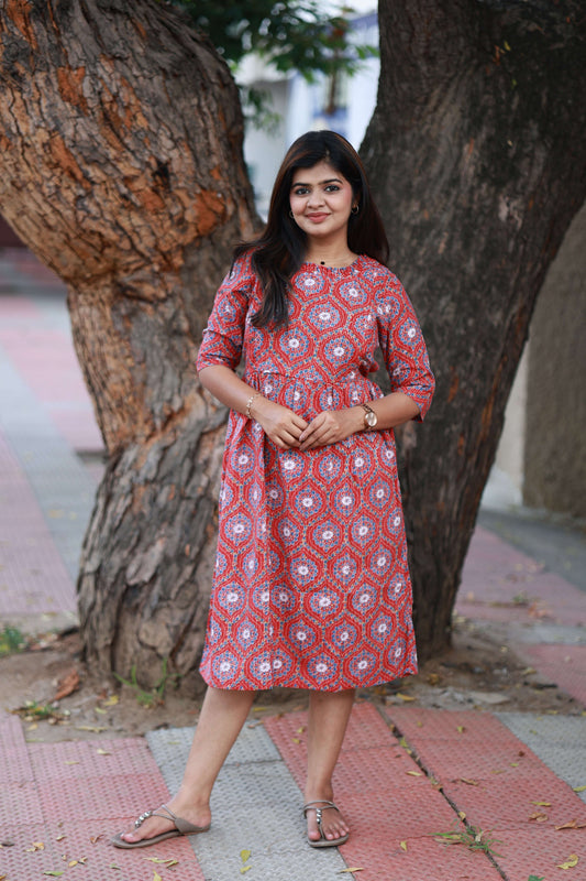 Maternity/Feeding Midi/Gown - Red color with white floral design,, Soft, breathable, and comfortable fabric