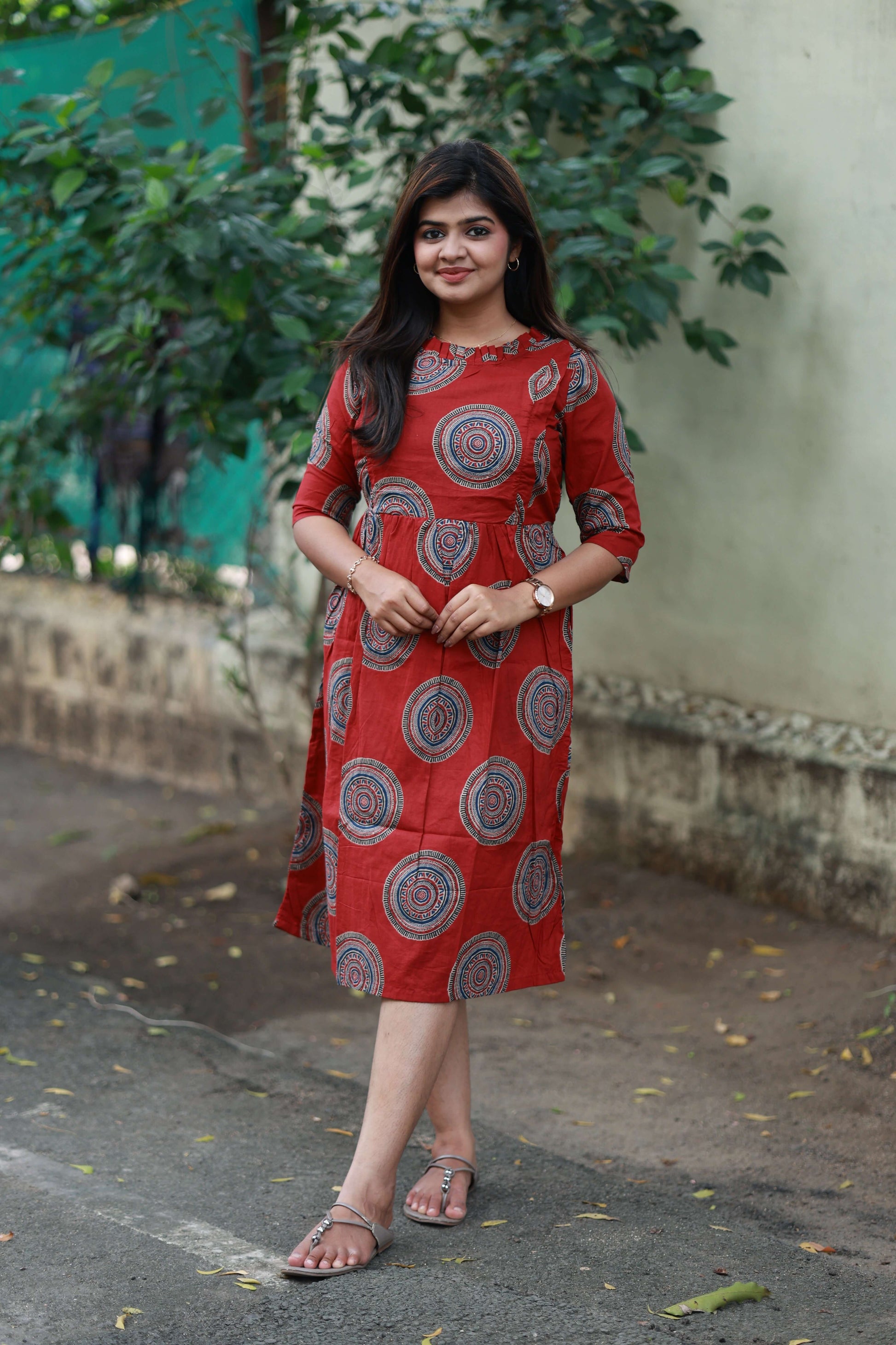 Maternity/Feeding Midi/Gown - Red color,  chakara design ,Soft, breathable, and comfortable fabric