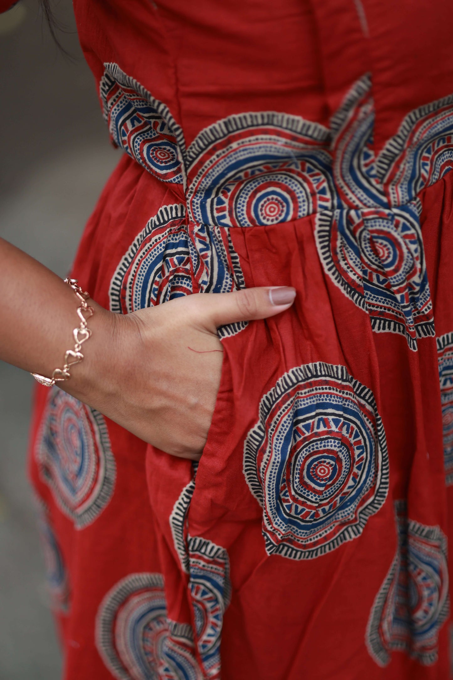 Maternity/Feeding Midi/Gown - Red color,  chakara design ,Side pockets for convenience