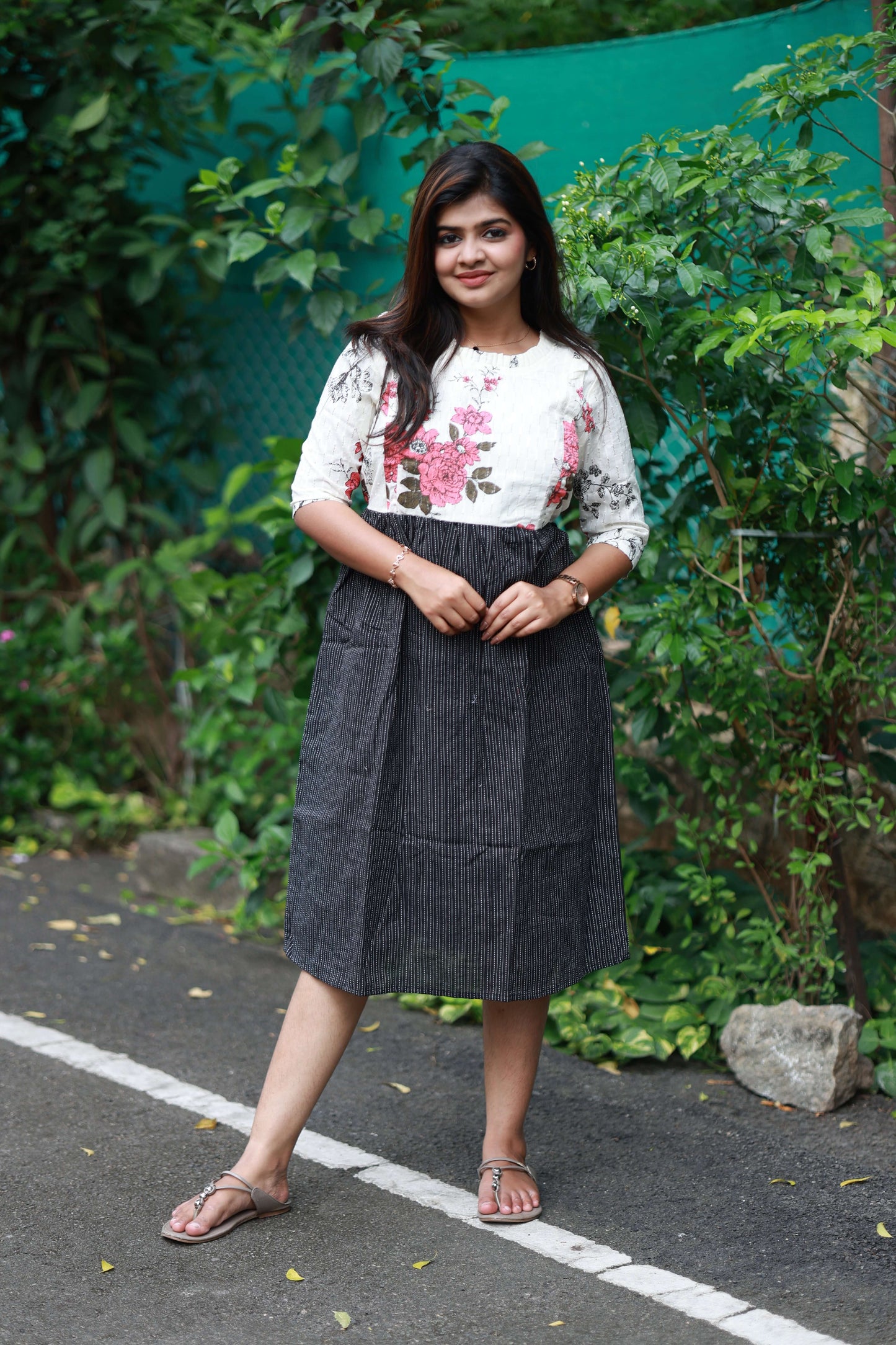 Maternity/Feeding Midi/Gown - White and Black,  Soft, breathable, and comfortable fabric