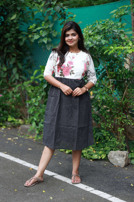 Maternity/Feeding Midi/Gown - White and Black,  Soft, breathable, and comfortable fabric