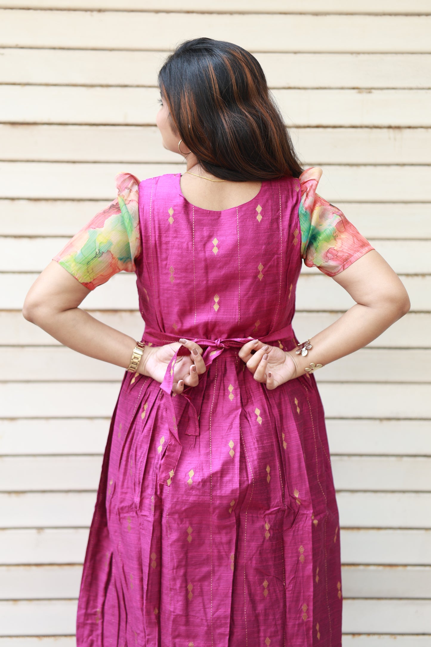 Neemai Pink silk Maternity Gown with Back Tie Belt and Flowy Silhouette, bump and Nursing Friendly, perfect for maternity photoshoot 