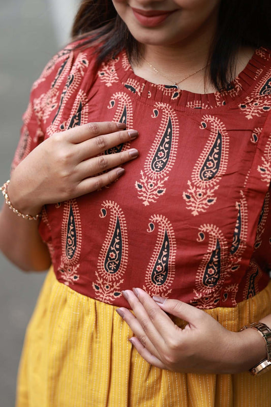 Maternity/Feeding Midi/Gown - Red and yellow ,Side zips on both sides for easy feeding
