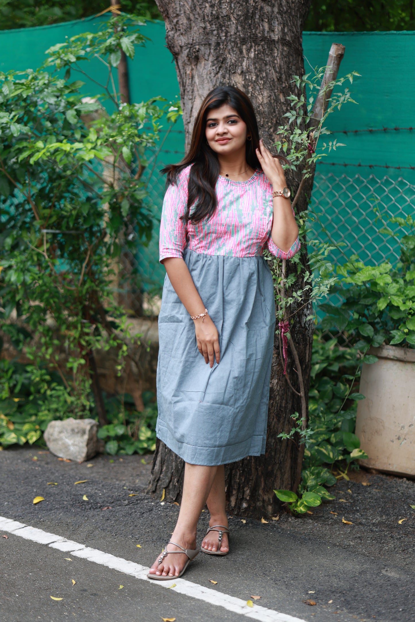 Cotton Maternity/Feeding Midi/Gown - Grey and Pink- Full cotton lining - 46 inches - last pc in 3XL ,4XL