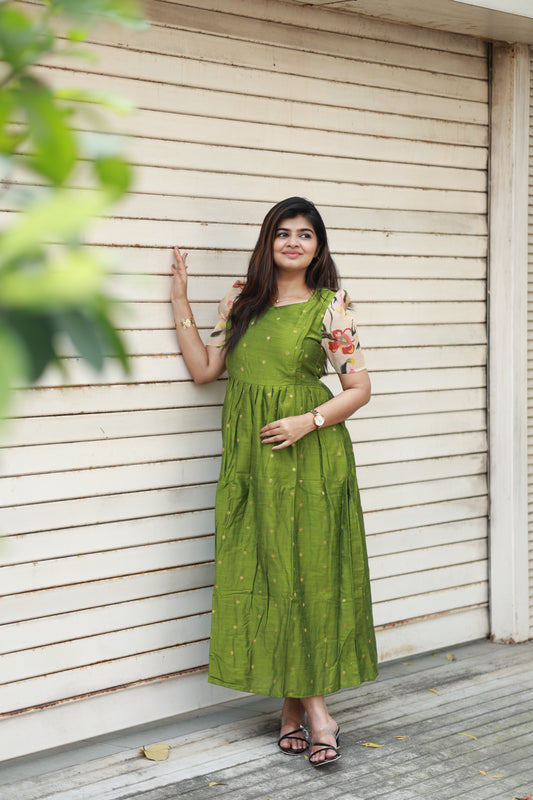 Neemai Light Green Festive Maternity Maxi Dress in raw silk, elegant and comfortable pregnancy gown for special occasions, breathable fabric maternity wear, plus size available