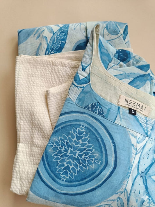 Sea Blue - Maternity / Feeding - Maxi/Gown - Cotton Lining - Double side Zips - Blue leaf