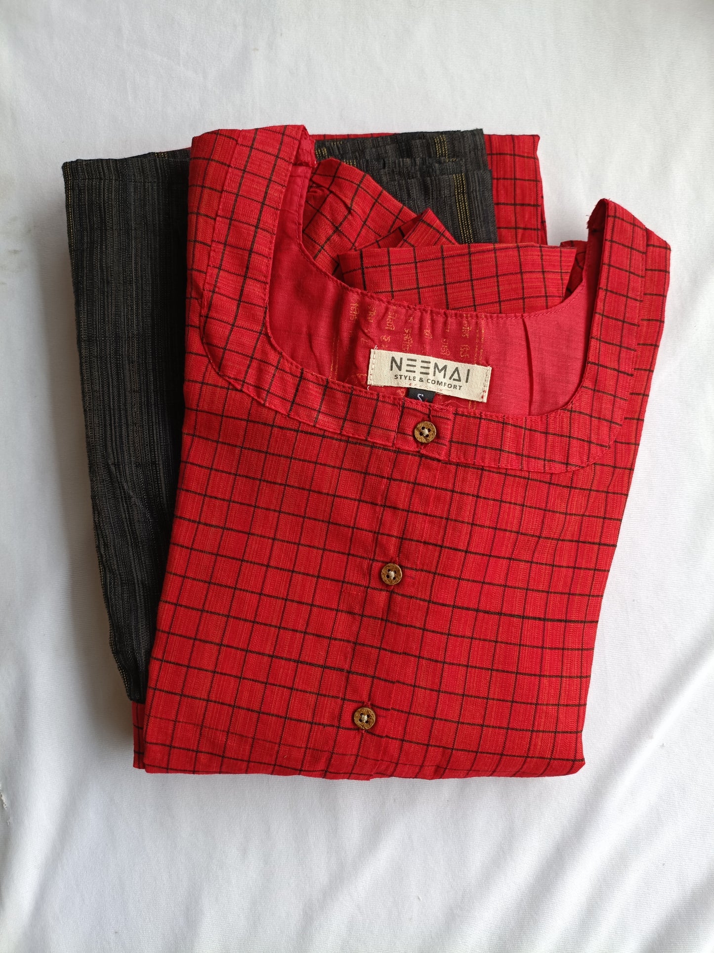 Neemai red butter silk checkered maternity dress with black checks, front button design, soft smooth fabric, lightweight pregnancy wear