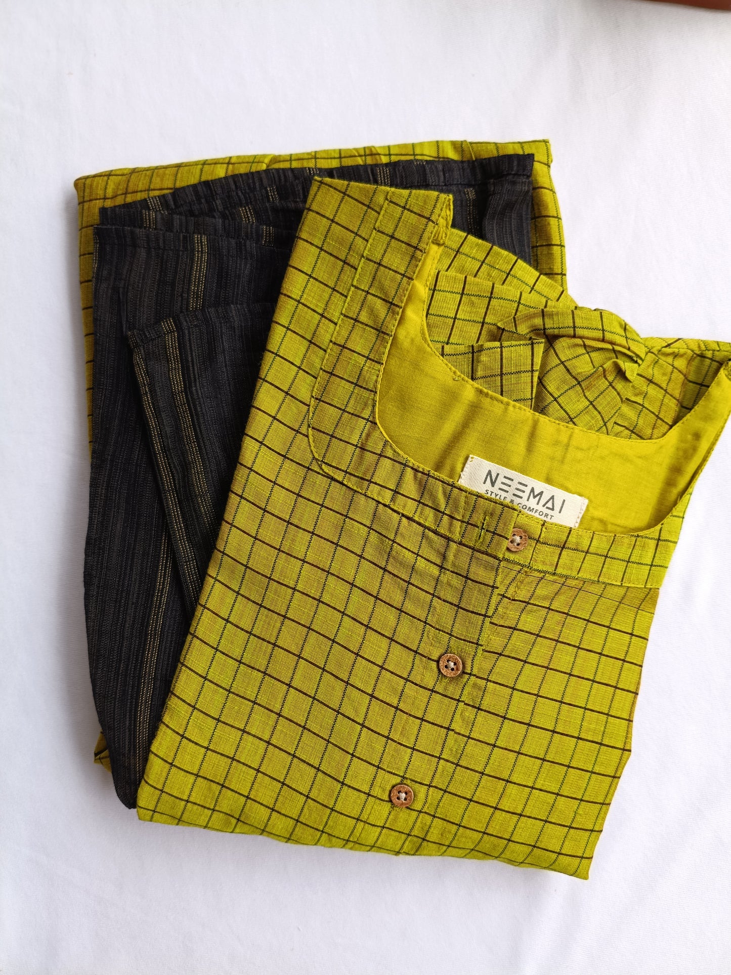 Neemai butter silk green and black checkered maternity dress with front buttons, lightweight summer-friendly ethnic wear