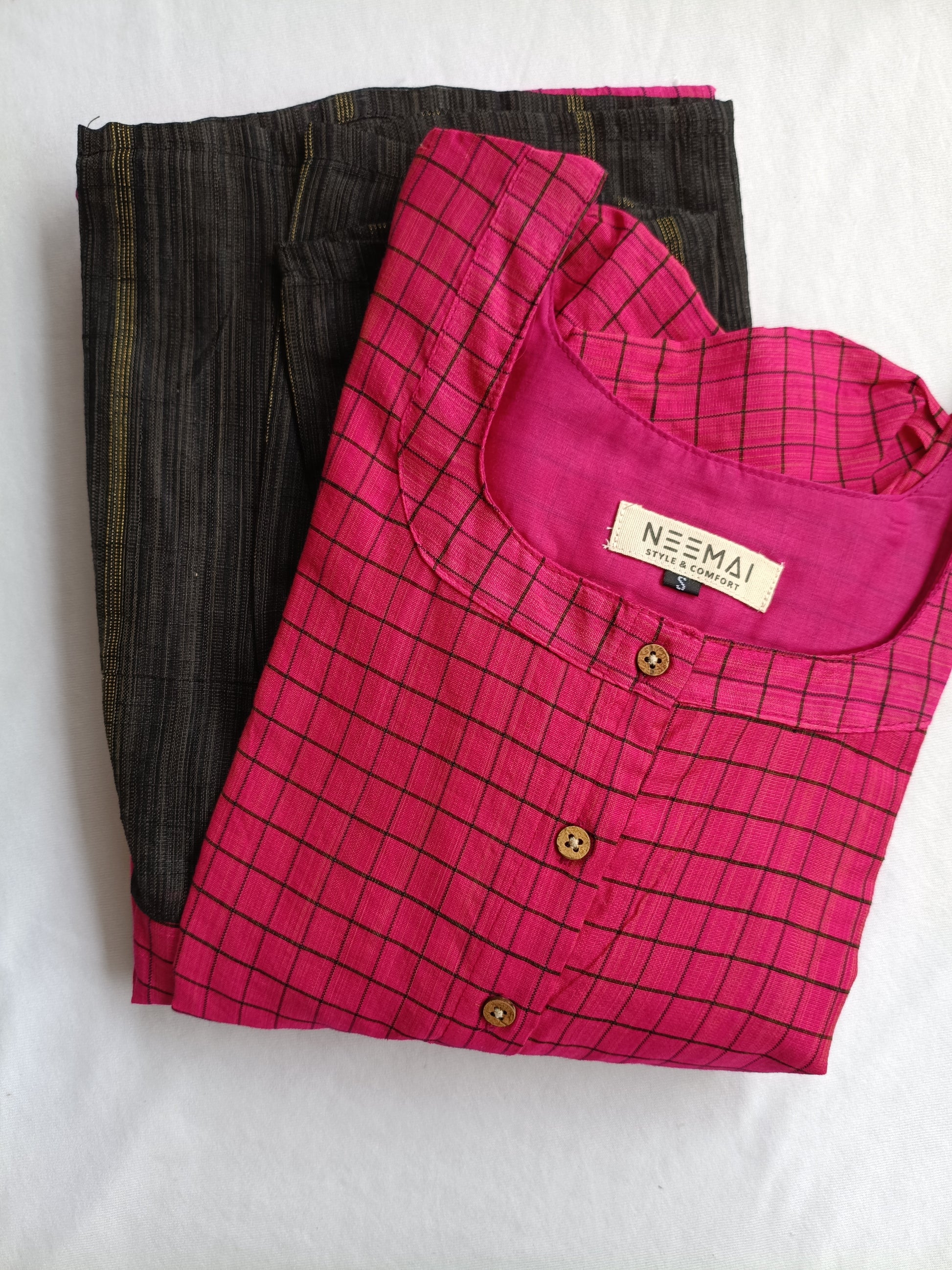 Neemai pink butter silk checkered maternity dress with black checks, front button opening, soft smooth lightweight fabric, feeding friendly design, plus size friendly 