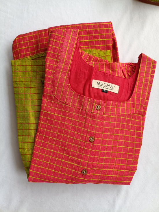 Neemai orange butter silk checkered maternity dress with green checks, front button design, lightweight breathable pregnancy wear, summer friendly festive ethnic collection