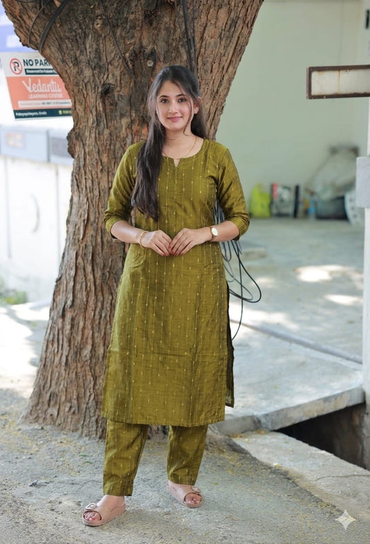 Coordset - Raw silk Maternity  2 pc  festival kurti  set [ Top with center zip, and pant]   - Olive Green