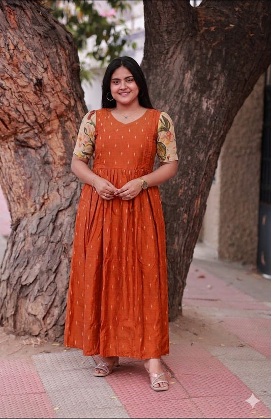 Raw silk - Double side zip  Maternity Maxi/Gown - Festival Collection -  Orange dress