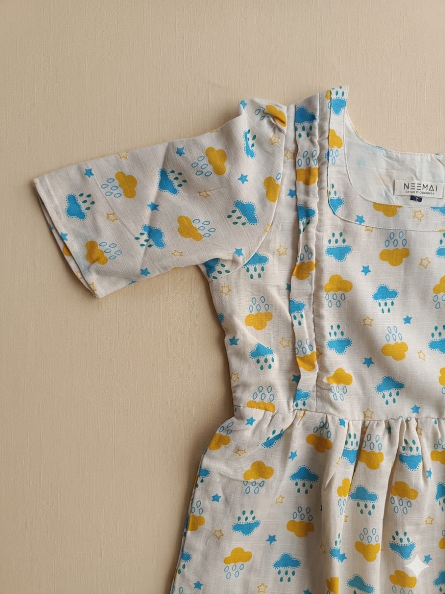 Neemai white cotton feeding gown with playful cloud print, front zipper nursing access and plu size summer friendly maternity wear styling.