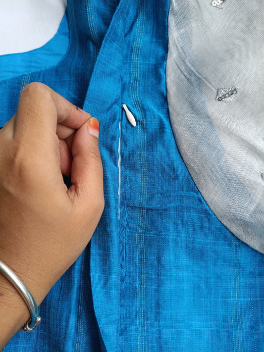 Raw silk - Double side zip  Maternity Maxi/Gown - Festival Collection -  Blue and silver sleeve
