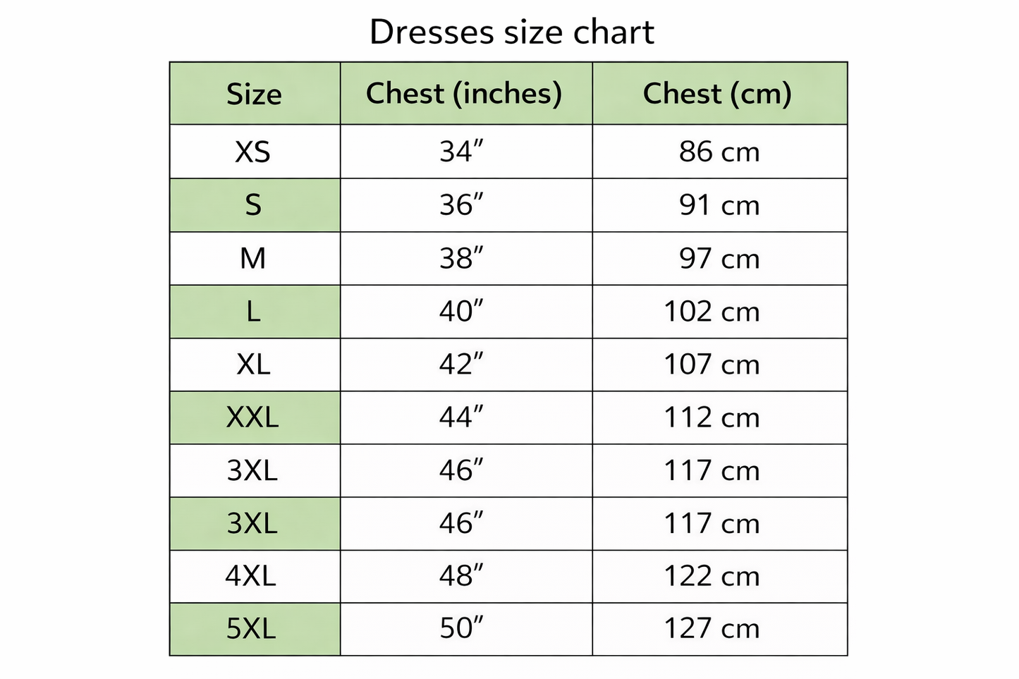 Neemai dress size chart