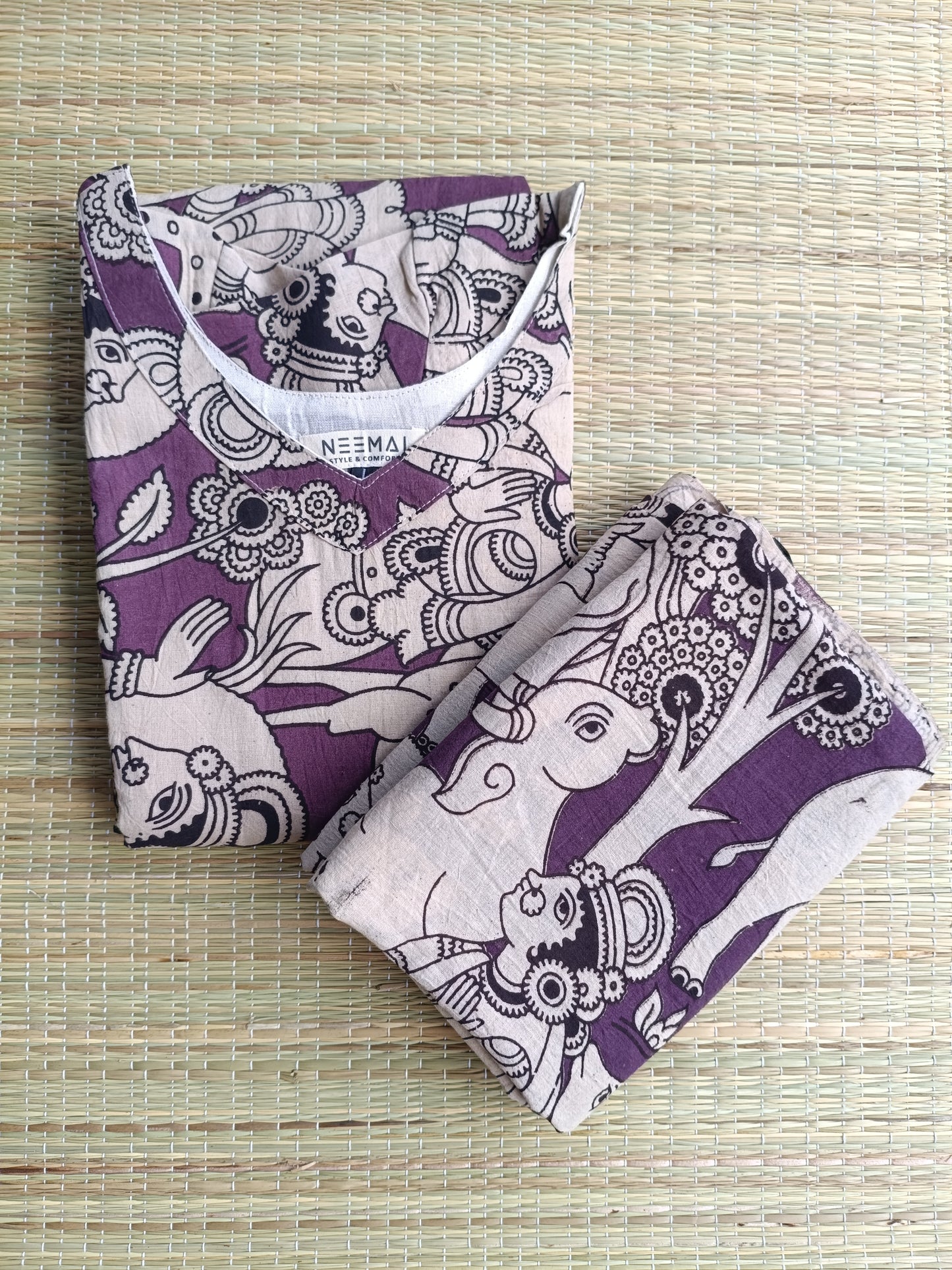 Block printed kalamkari cotton Maternity 2 pc chudidhar set [ Top with double side zip, and dupatta - Yazhi violet