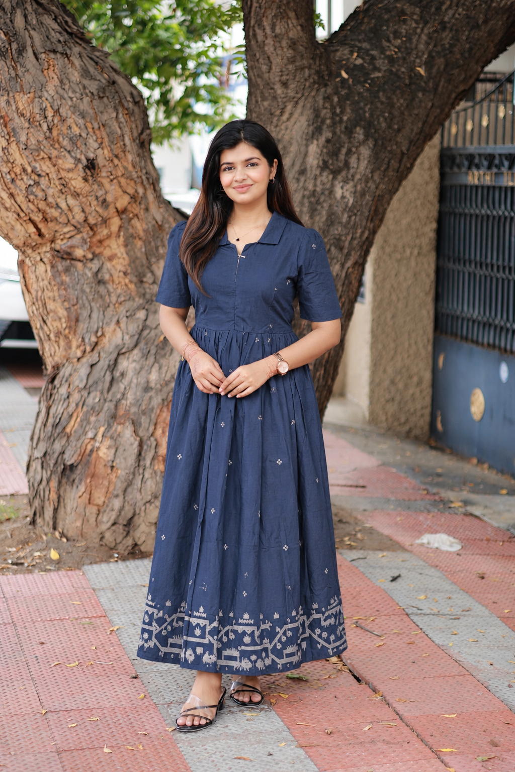 Prewashed Handloom Jamdani - Maternity / Feeding - Maxi/Gown - Cotton Lining - Center zip- Collar Dark blue