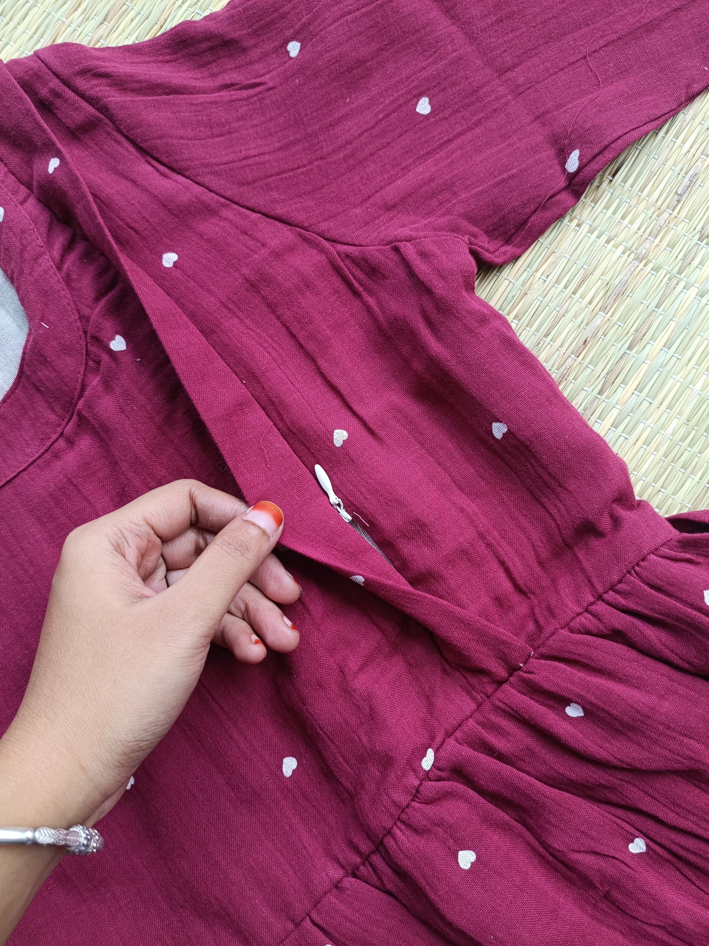 Premium Muslin- Feeding/ Maternity Maxi/Gown - Cotton lining /Double side zip - Maroon with white heart