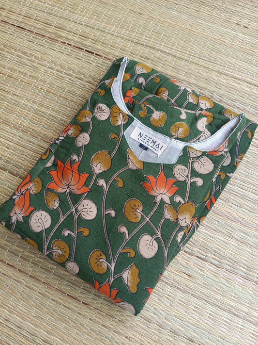 Kalamkari Cotton Maternity Feeding Gown/ Maxi / Double side zip– small green lotus