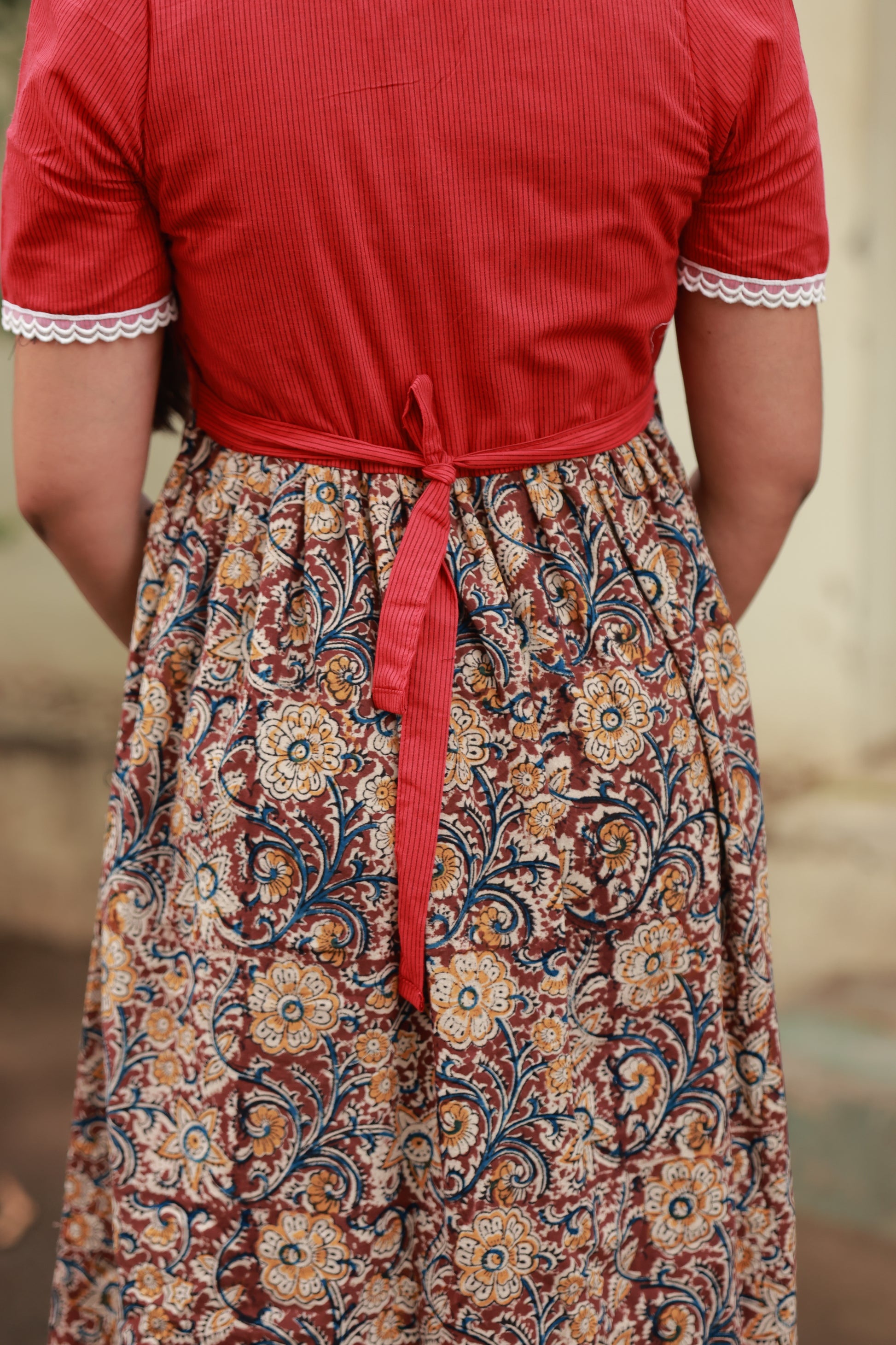 Kalamkari Cotton - Feeding/Maternity- Maxi/Gowns- Double side zip- Comfortable adjustable fit, Hidden side pockets, Contrast Kalamkari panel. 