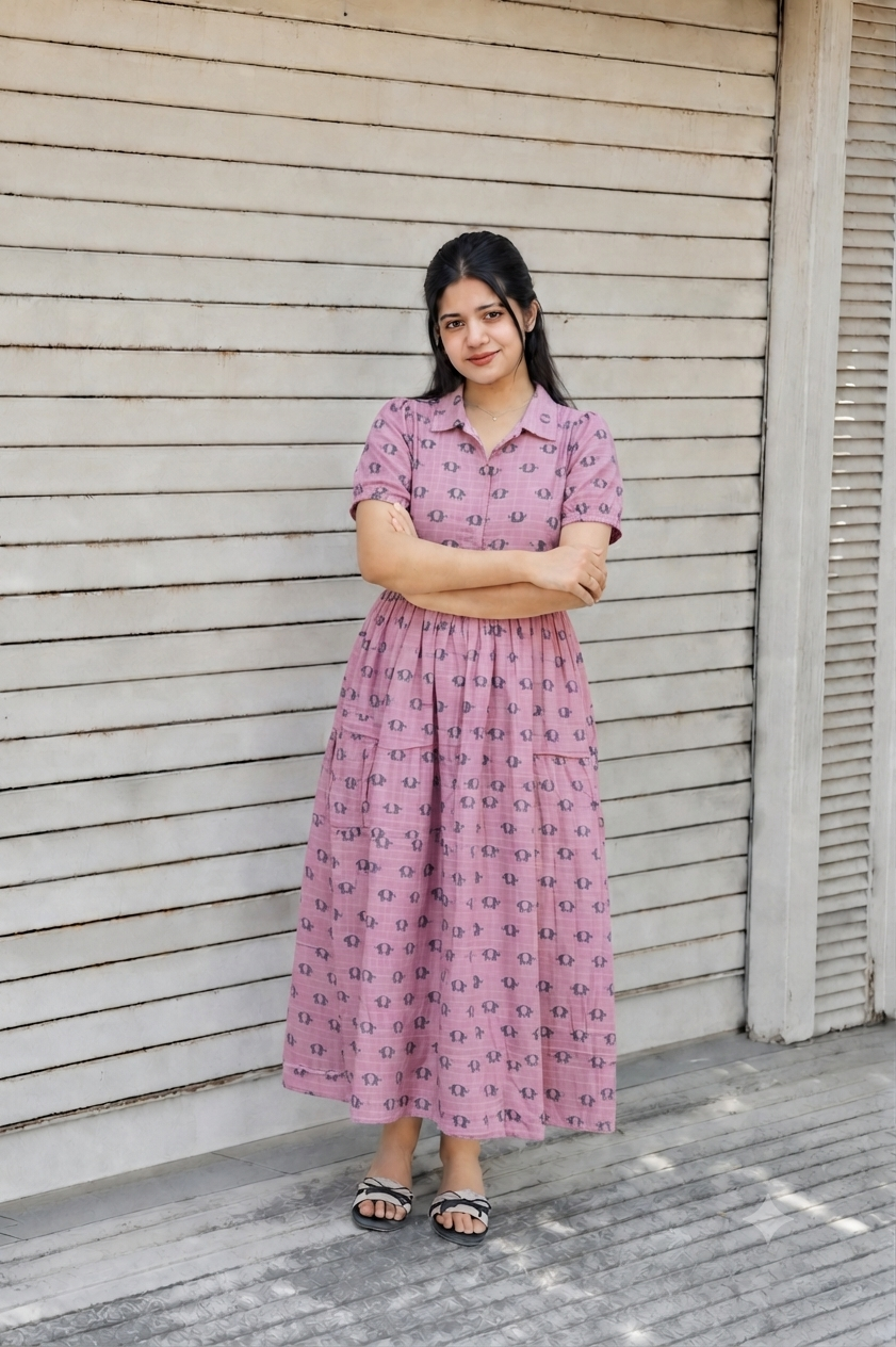 Premium Muslin - Feeding/ Maternity Maxi/Gown - Cotton lining /Center zip -Collar pink and black elephant