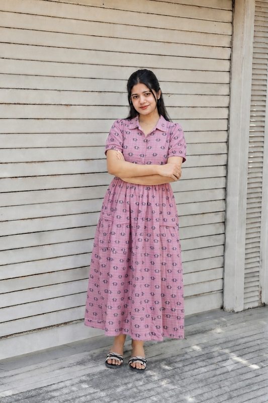 Premium Muslin - Feeding/ Maternity Maxi/Gown - Cotton lining /Center zip -Collar pink and black elephant