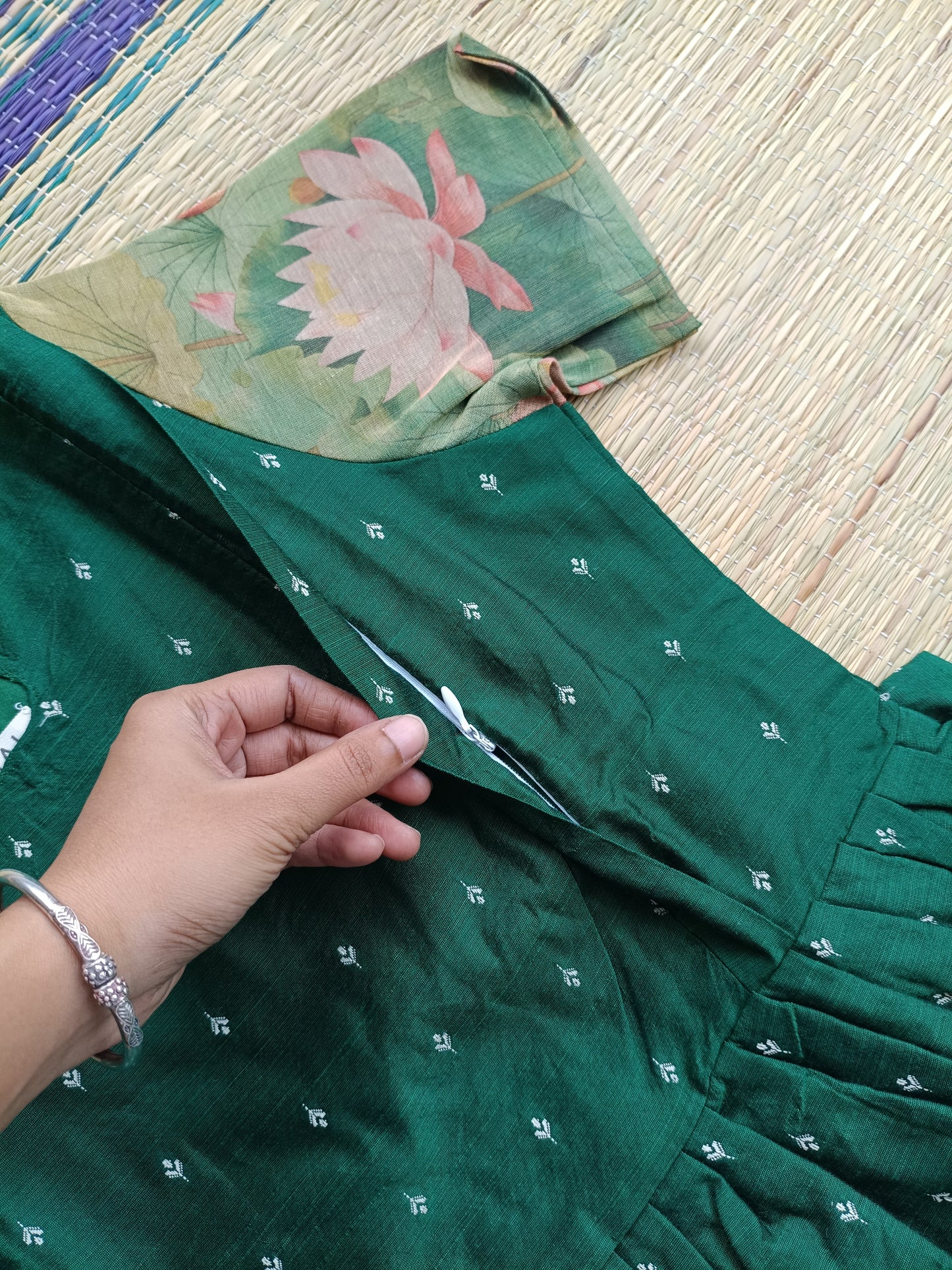 Raw Silk Maternity Feeding Gown/Maxi – Green| Double Side Zip