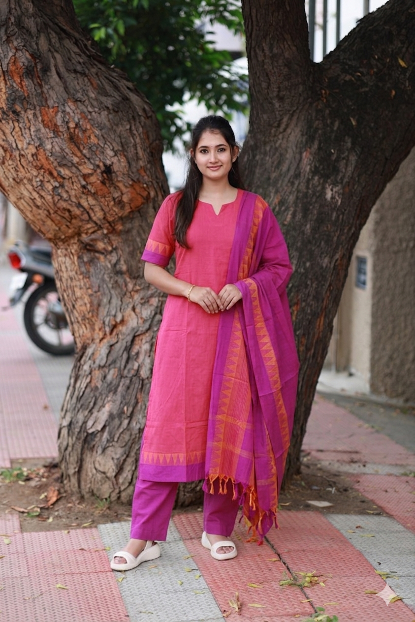 Handloom cotton Maternity 3 pc chudidhar set [ Top with center zip, pant and dupatta] -  Light pink