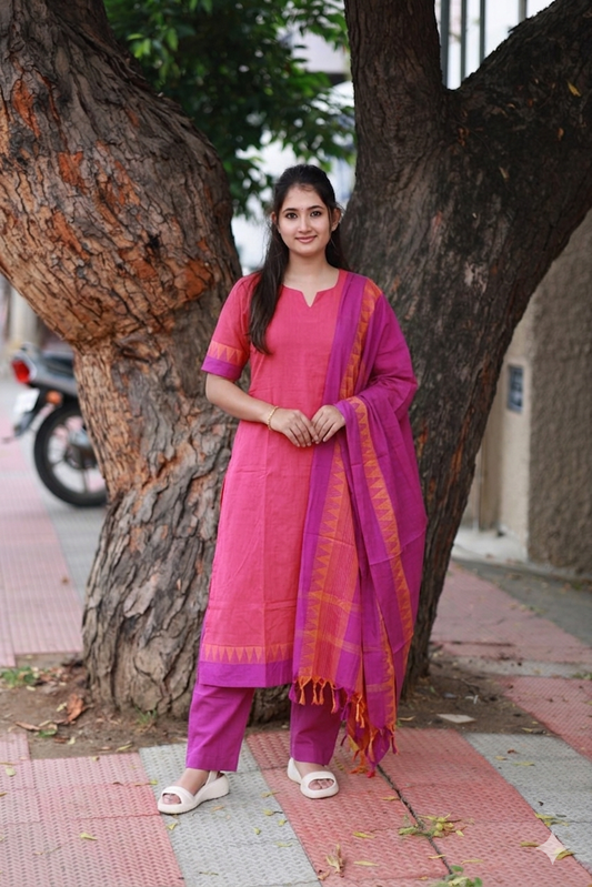 Handloom cotton Maternity 3 pc chudidhar set [ Top with center zip, pant and dupatta] -  Light pink
