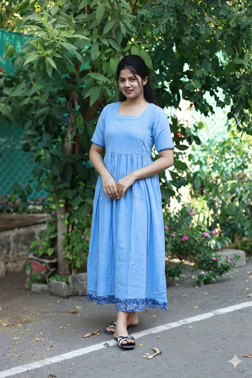 Premium Muslin- Feeding/ Maternity Maxi/Gown - Cotton lining /Double side zip -  Sky Blue