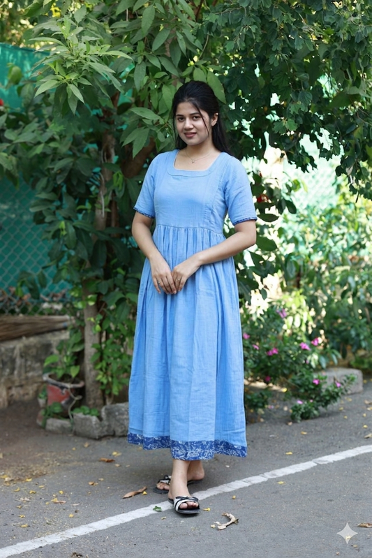 Premium Muslin- Feeding/ Maternity Maxi/Gown - Cotton lining /Double side zip -  Sky Blue