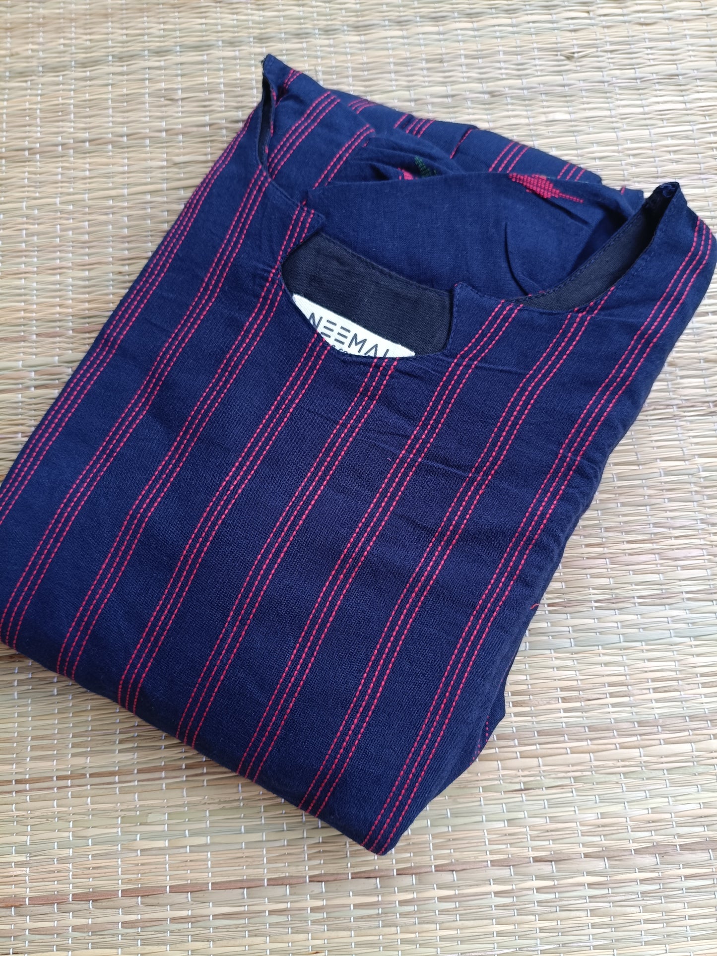 Handloom Cotton Maternity Feeding Gown/ maxi / Double side zip–Navy blue with pink line