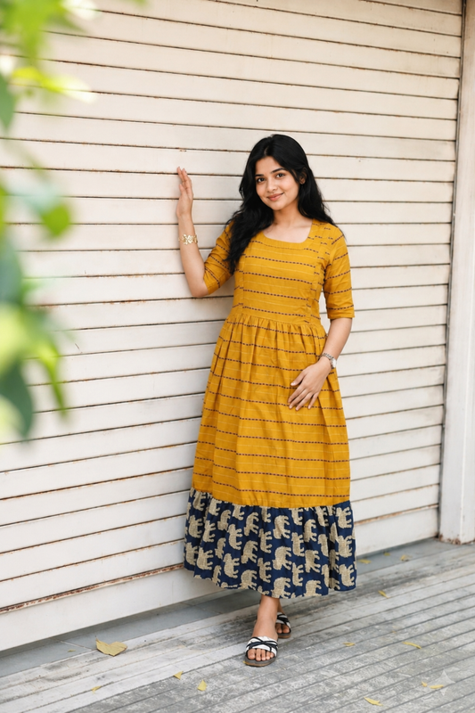 Cotton - Feeding/ Maternity Maxi/Gown - Cotton lining /Double side zip - Manjal and Blue elephant
