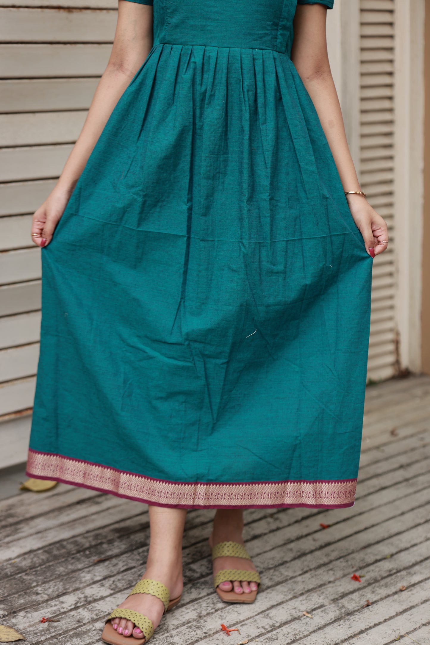 Handloom cotton - Maternity / Feeding - Maxi/Gown -Full Cotton Lining - Double side Zips - Peacock Green