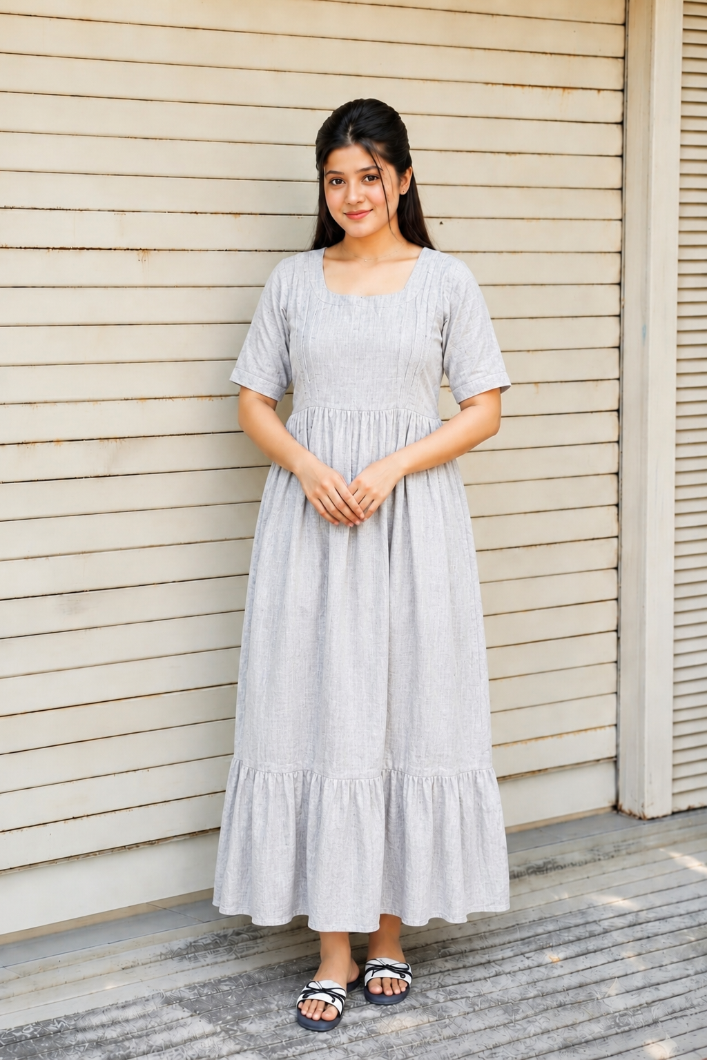 Premium  Muslin- Feeding/ Maternity Maxi/Gown - Cotton lining  / Double side zip  -Silver color