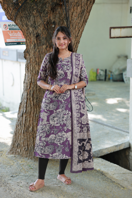 Block printed kalamkari cotton Maternity 2 pc chudidhar set [ Top with double side zip, and dupatta - Yazhi violet