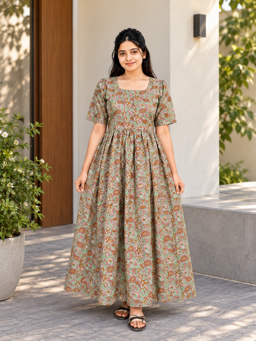 Premium Cotton - Feeding/ Maternity Maxi/Gown - Cotton lining /Center zip - Green flower