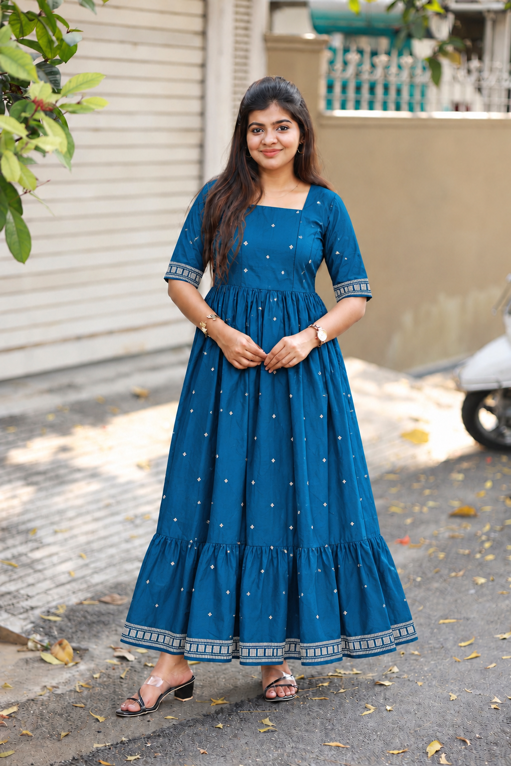 Prewashed Handloom Cotton Maternity Feeding Gown/Maxi /Double Side Zip- Ramar green with sandal butta