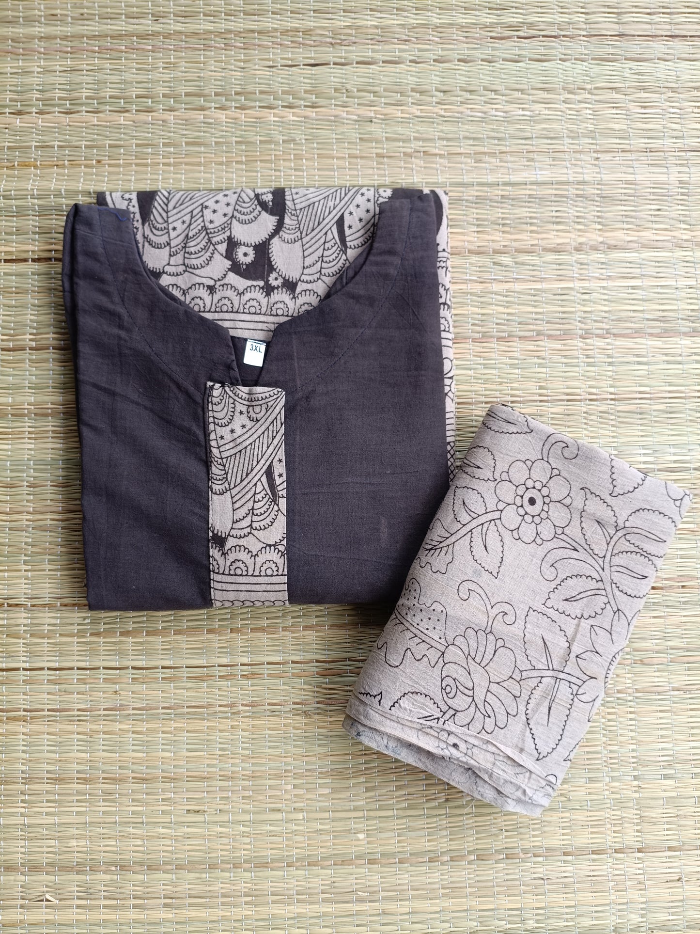 Block printed kalamkari cotton Maternity 2 pc chudidhar set [ Top with center  zip, and dupatta] -  Black - A line top and no side open