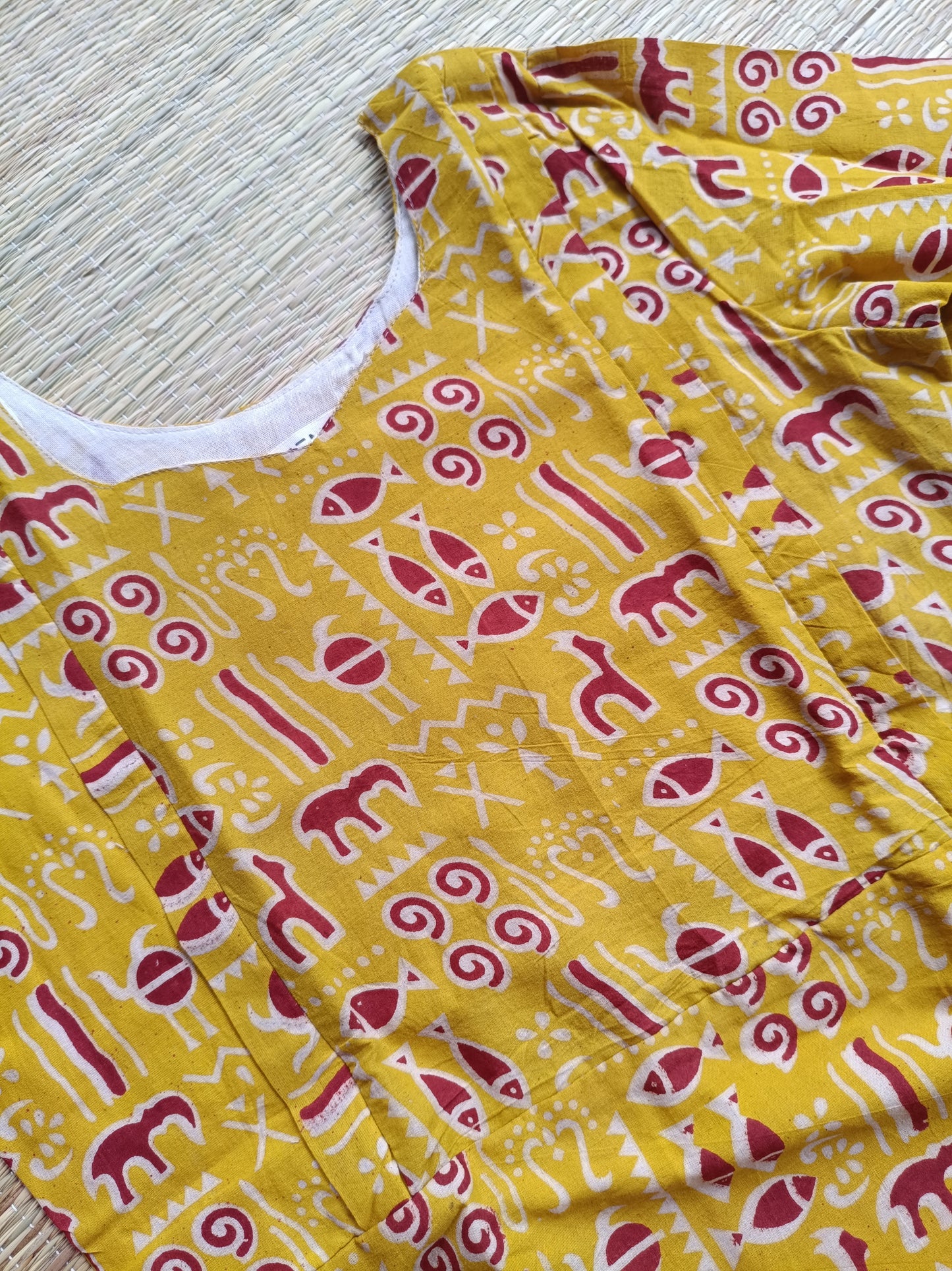 Block printed kalamkari cotton Maternity 2 pc chudidhar set [ Top with double side zip, and dupatta - Yellow fish