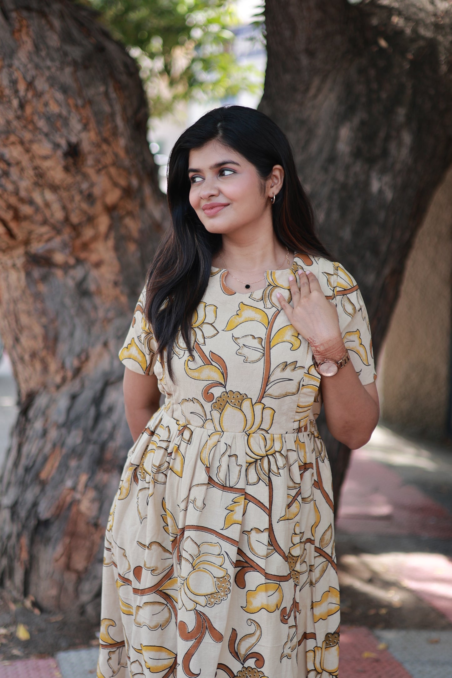Kalamkari cotton- Feeding/ Maternity Maxi/Gown - Cotton lining  / Double side zip- Brown with yellow