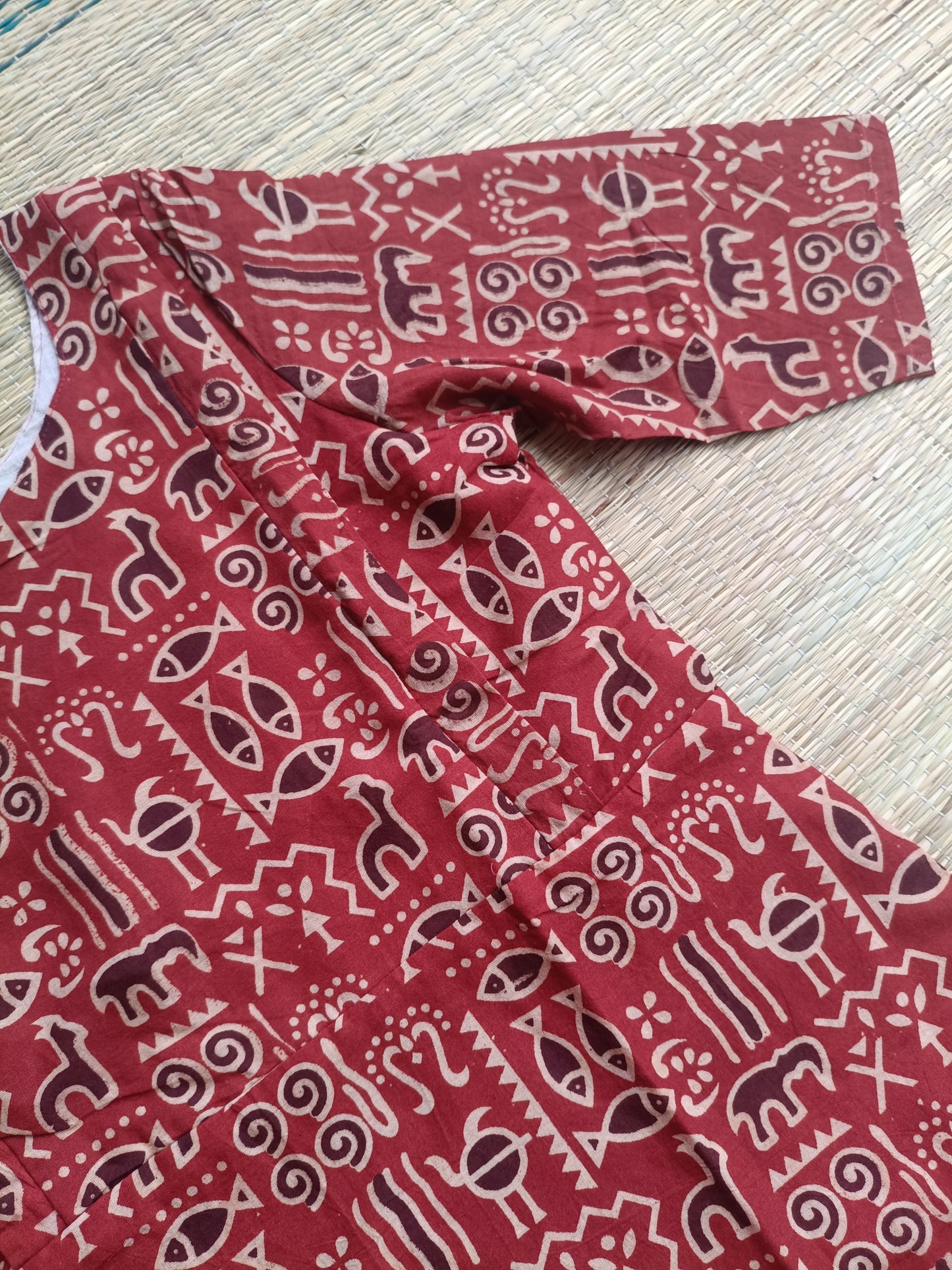 Block printed kalamkari cotton Maternity 2 pc chudidhar set [ Top with double side zip, and dupatta - Red fish