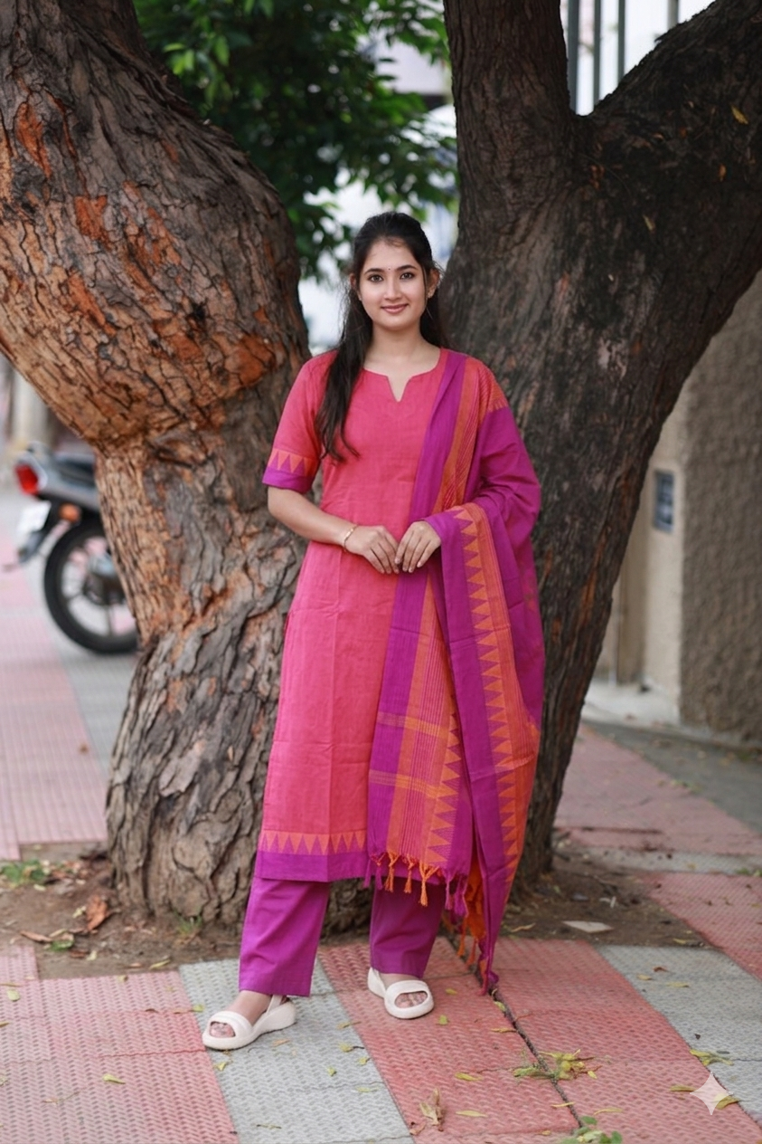 Handloom cotton Maternity 3 pc chudidhar set [ Top with center zip, pant and dupatta] - pink