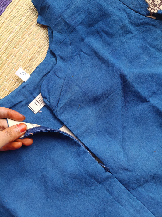 Block printed kalamkari cotton Maternity 3 pc chudidhar set [ Top with center zip, pant and dupatta] - Blue  Kalamkari