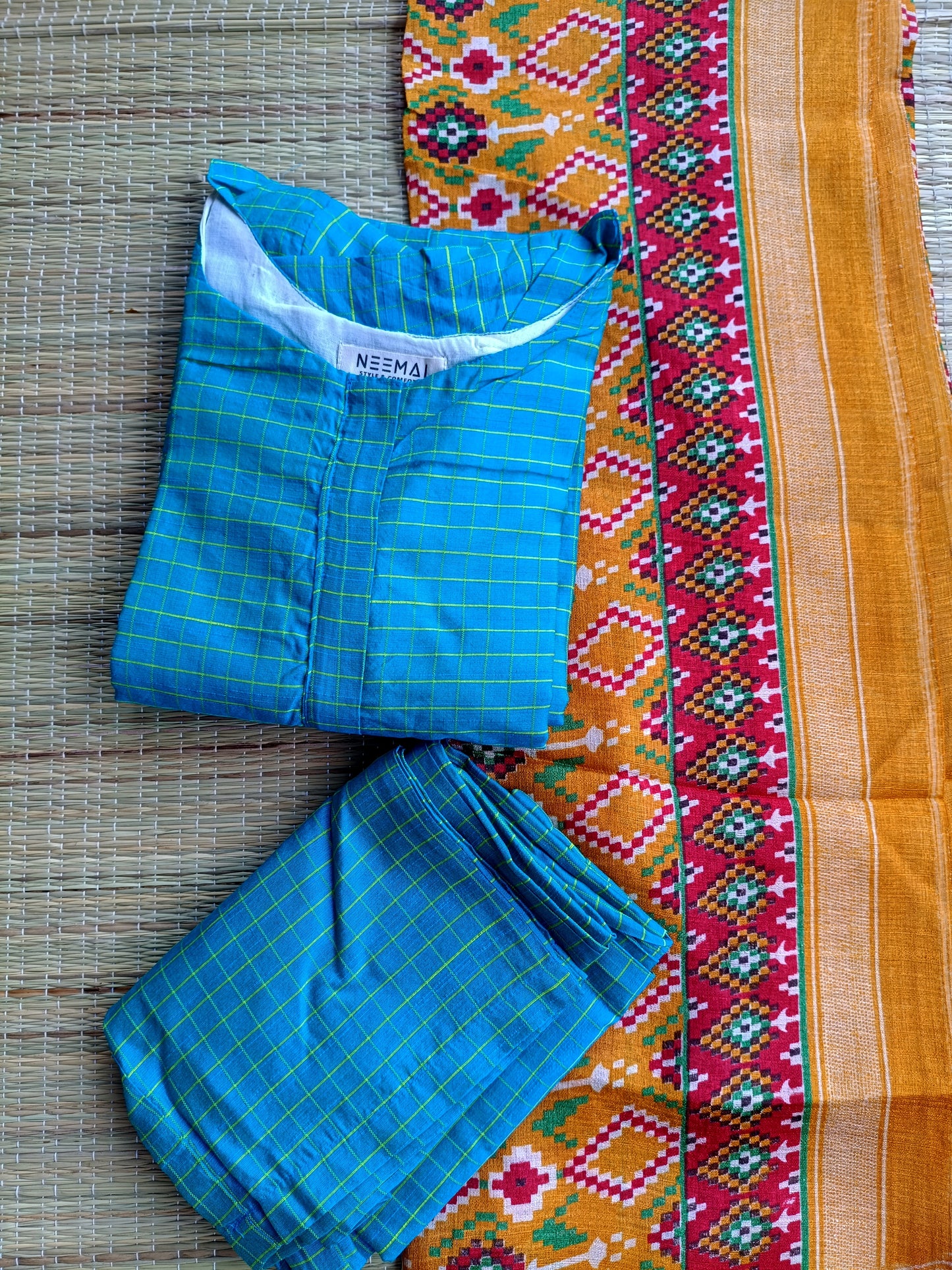 Raw Silk Maternity Chudidhar 3 pc  Set, Center Zip Top, Pant & Dupatta – Blue Checks