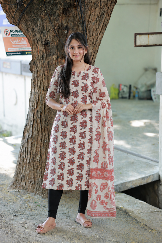 Block printed kalamkari cotton Maternity 2 pc chudidhar set [ Top with double side zip, and dupatta - Orange elephant